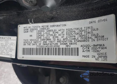 2001 Toyota Highlander из США, поврежденный, VIN JTEGD21A310018592